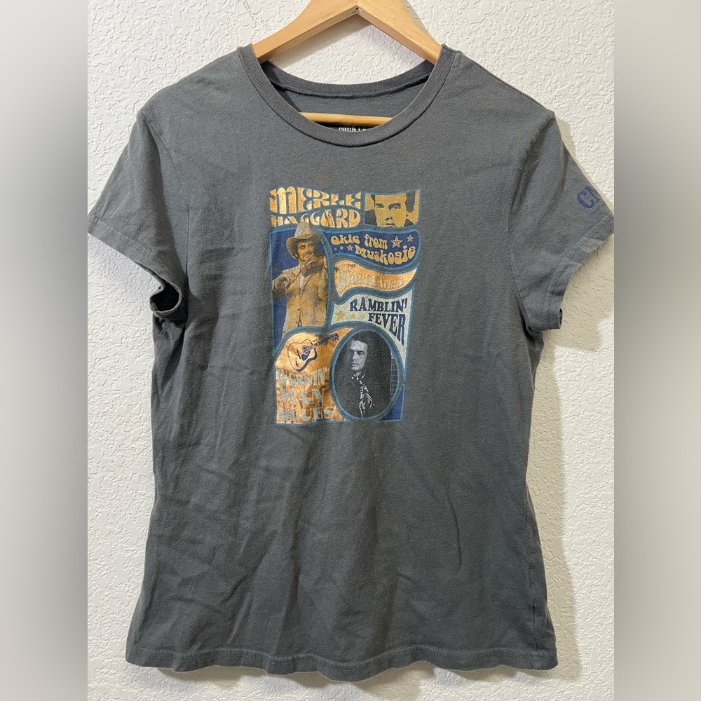 Vintage Merle Haggard Women’s Metallic Graphic T-Shirt Blue Grey XXL